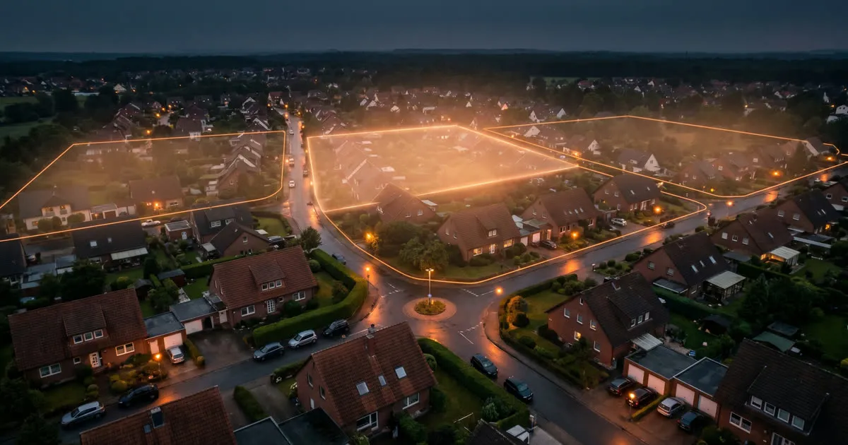 Titelbild von D2D Scout: Wohnsiedlung am Abend, Vertriebsgebiete als leuchtende Umrisse