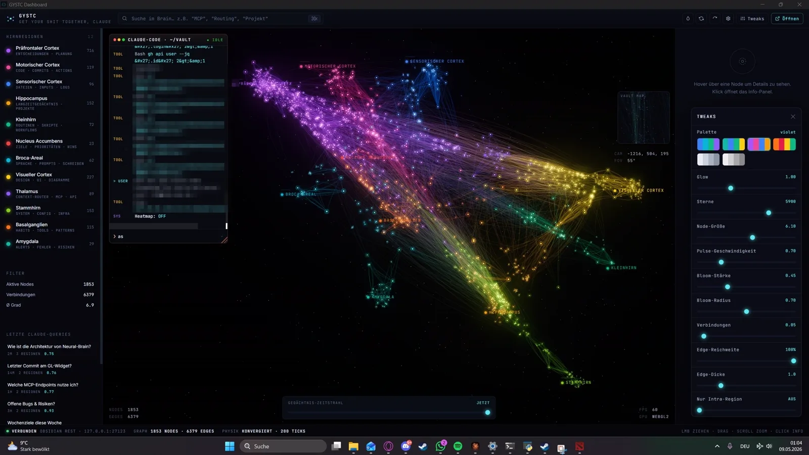 Bildschirmfoto des GYSTC-Dashboards: Notizen als leuchtender 3D-Graph
