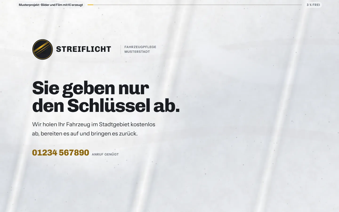 Streiflicht Fahrzeugpflege, Vorschau: das Zeichen mit drei Lichtstreifen und die Zeile Sie geben nur den Schlüssel ab