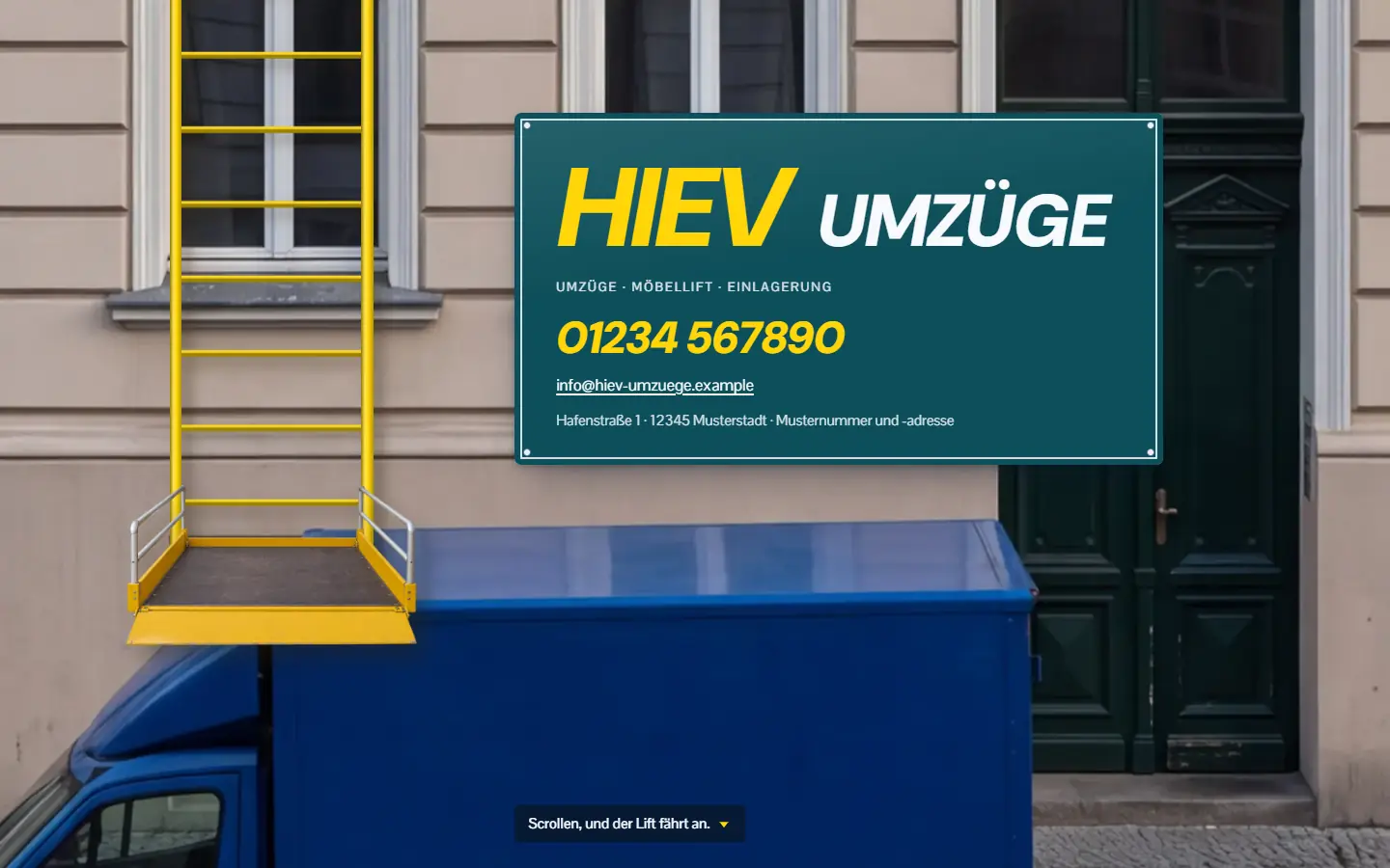 HIEV Umzüge, Vorschau: das Firmenschild am Haus, daneben die gelbe Leiter des Möbellifts auf dem Möbelwagen